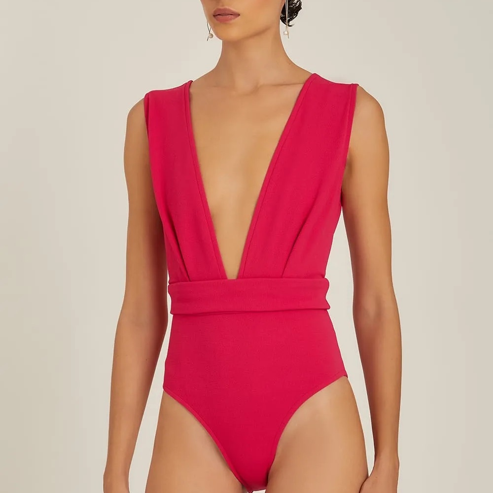 Elegant Pink Plunge One-Piece Swimsuit